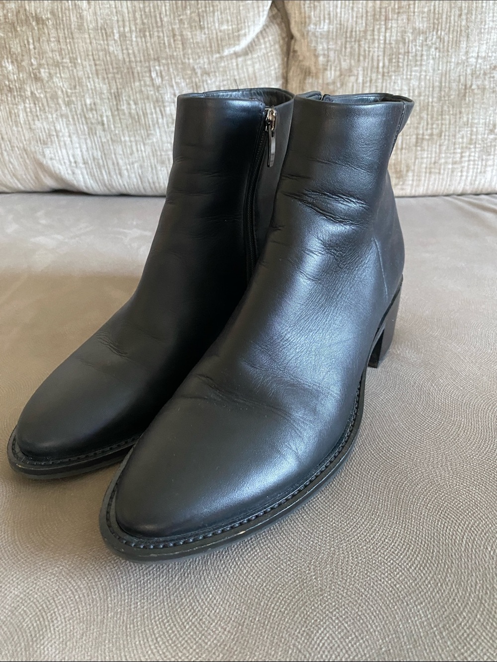 Black Genuine Leather Zip Ankle Boots